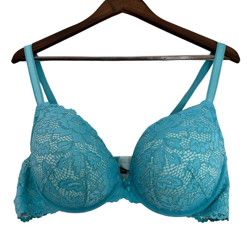 TORRID 42D Light Blue Lace Demi Bra Underwire Plunge Padded Size 42D Turquoise